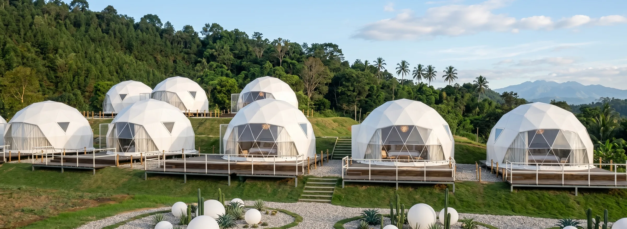 Solora glamping domes overlooking a valley