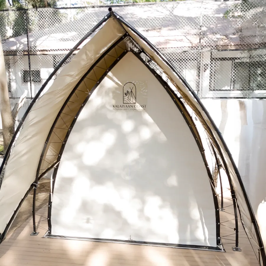 Interior of a Solora A-frame glamping tent at Batangas Kalaiyaan